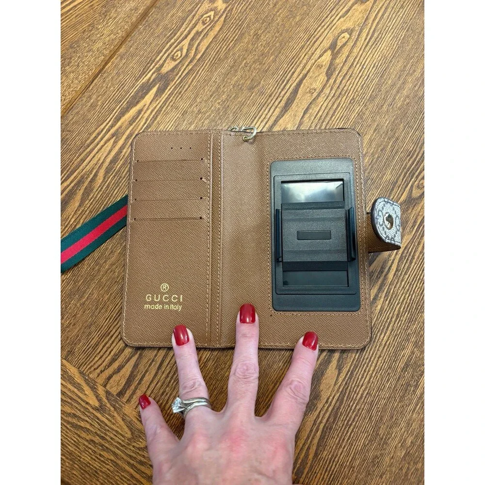 Gucci Designer GG Monogram Phone Wallet Case Mirror Card Holder Wristlet Beige